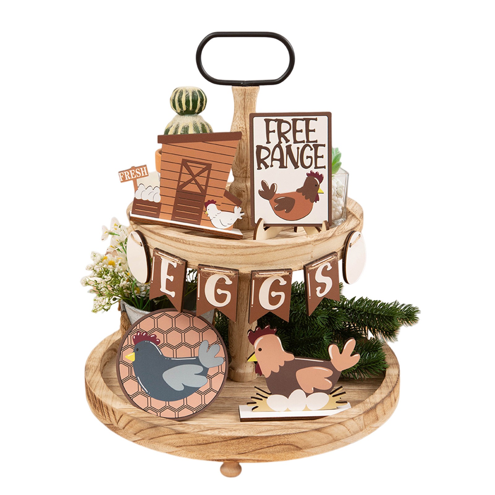 ZHENYANGli Farm Chicken Tiered Tray Farmhouse Decor Hen Eggs Chik Home Tiered Tray Decor Rustic Wooden Home Decor Wood Bead Garland with Tassel Mount Window Frames Decor for Farm Style